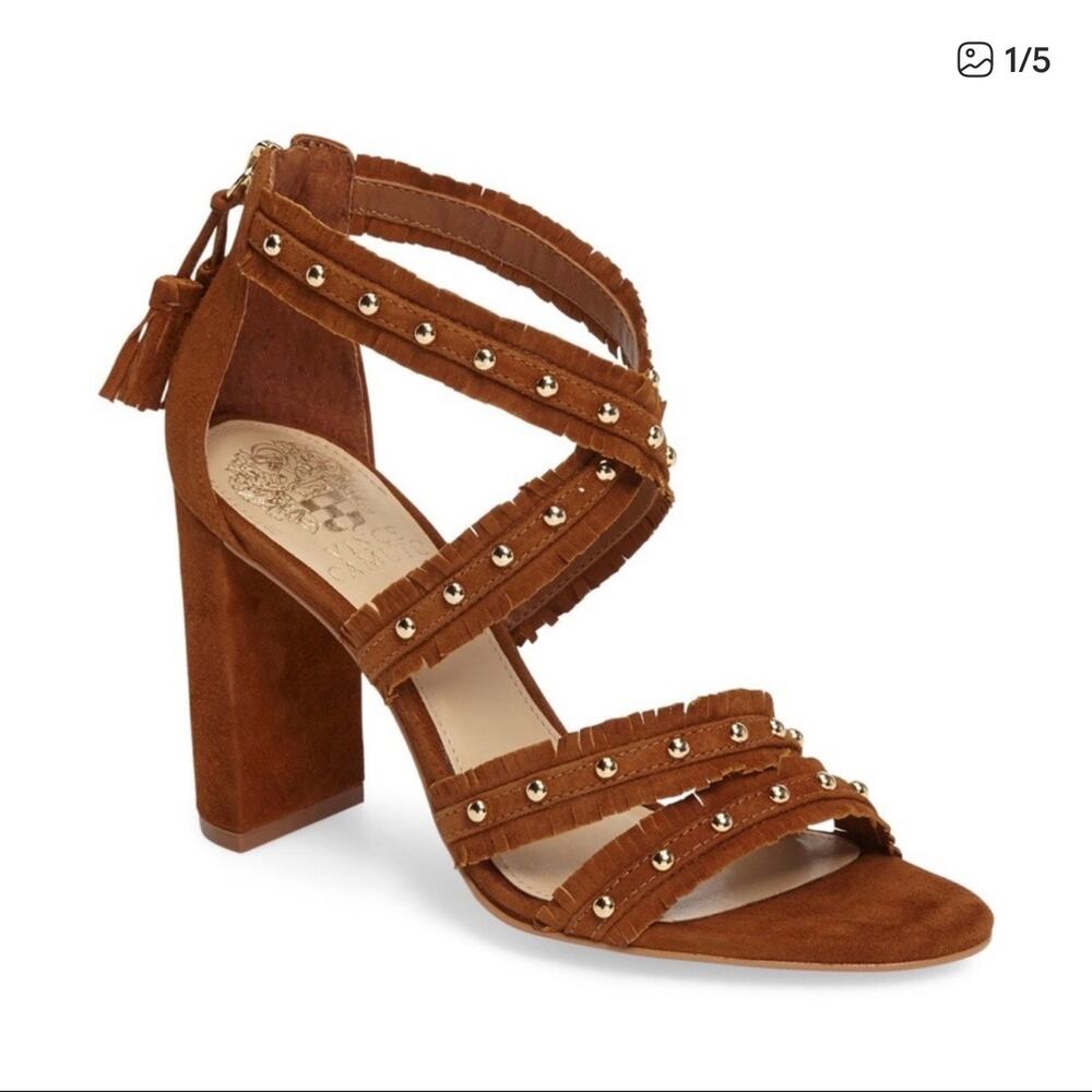Vince Camuto Machila Suede Studded Fringe Block Heel Sandals Brown Tassel 6.5